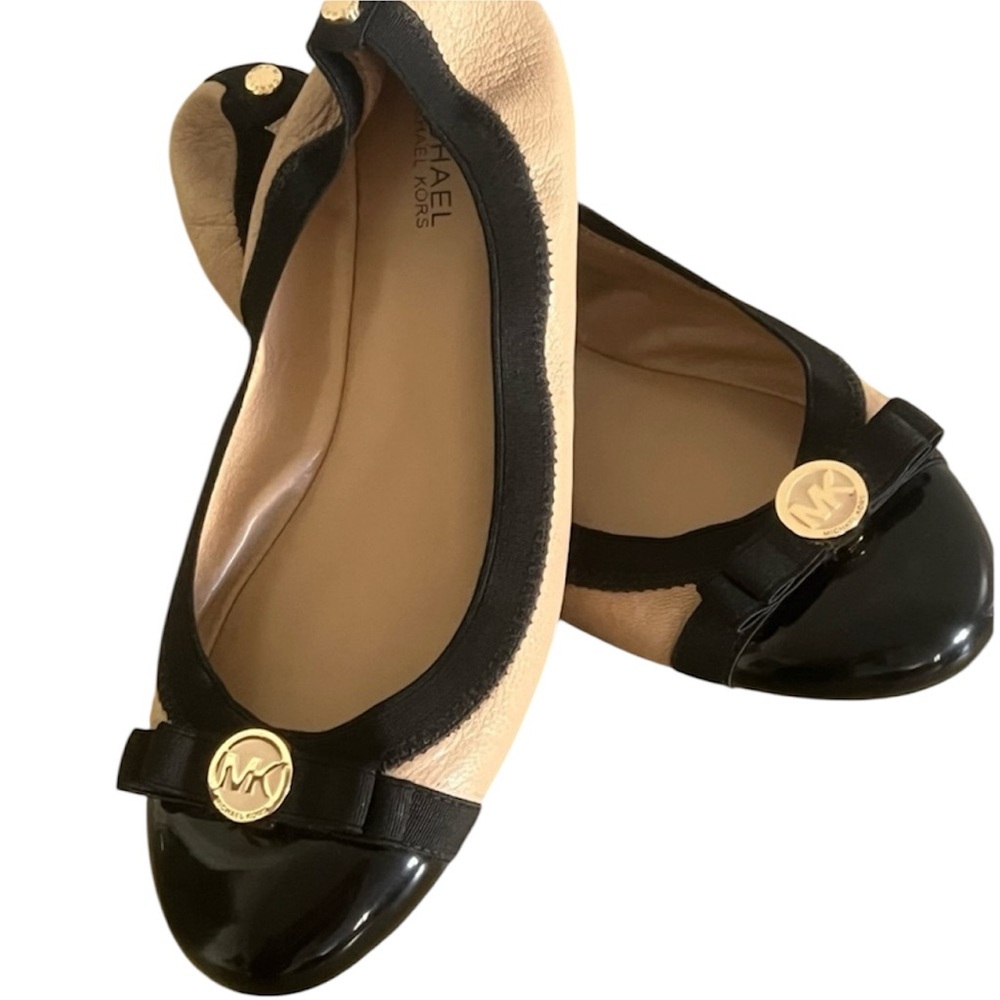 Michael Kors Black and Tan Ballet Flats with Gold Accents